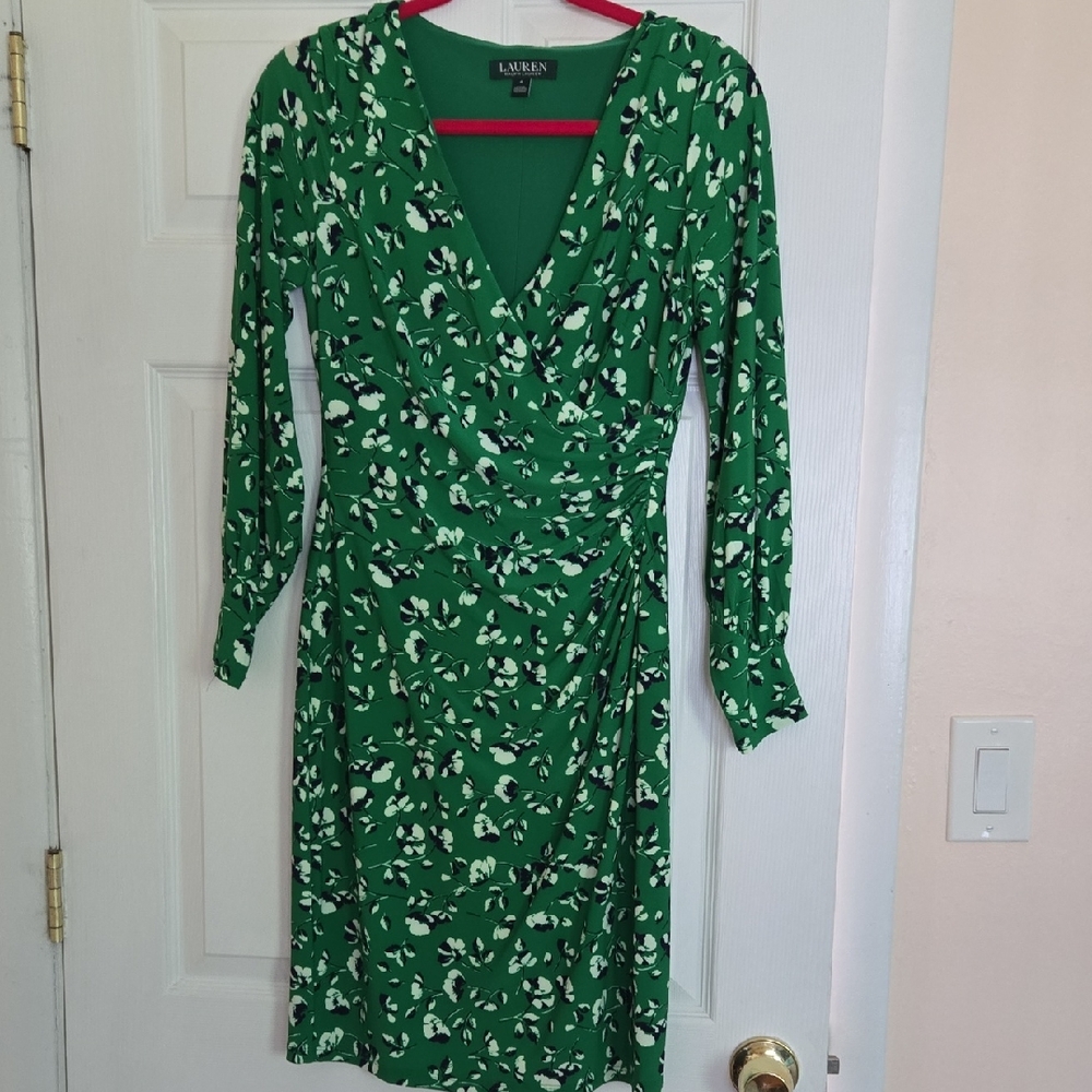 Lauren Ralph Lauren Emerald and White Patterned Long Sleeve Dress, never worn!